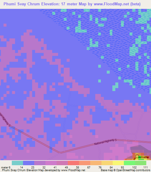 Phumi Svay Chrum,Cambodia Elevation Map