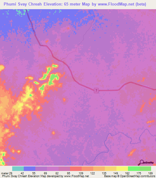 Phumi Svay Chreah,Cambodia Elevation Map