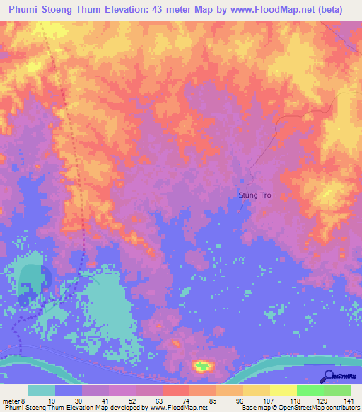 Phumi Stoeng Thum,Cambodia Elevation Map