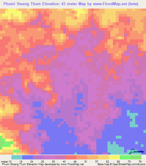 Phumi Stoeng Thum,Cambodia Elevation Map