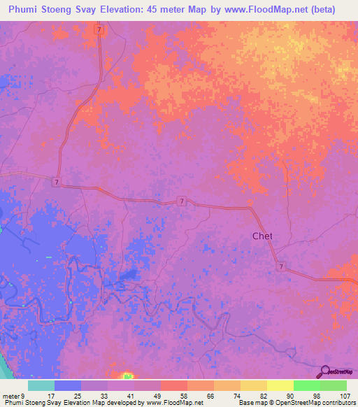Phumi Stoeng Svay,Cambodia Elevation Map