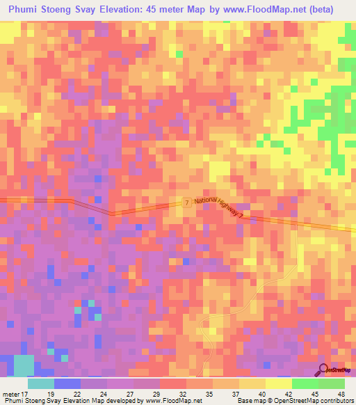 Phumi Stoeng Svay,Cambodia Elevation Map
