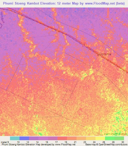 Phumi Stoeng Kambot,Cambodia Elevation Map