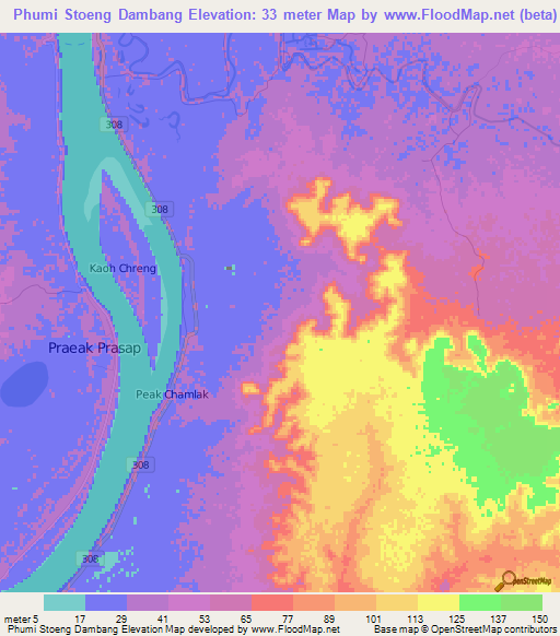 Phumi Stoeng Dambang,Cambodia Elevation Map