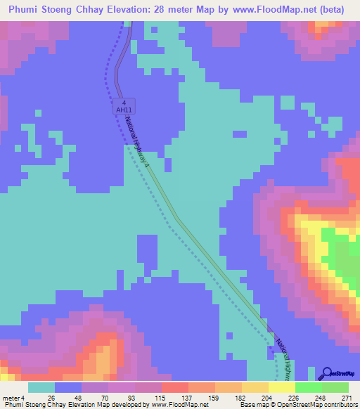 Phumi Stoeng Chhay,Cambodia Elevation Map