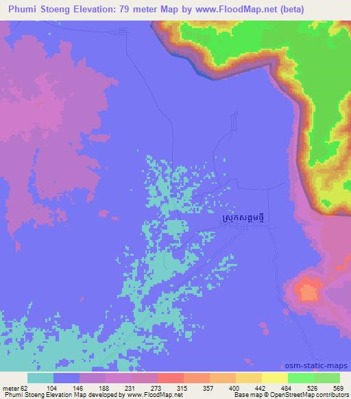 Phumi Stoeng,Cambodia Elevation Map