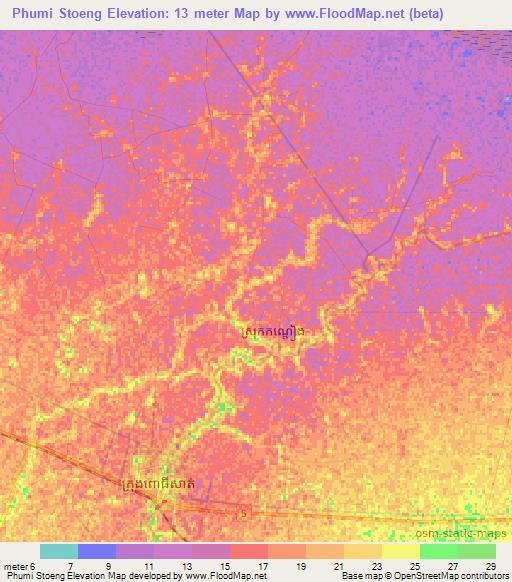 Phumi Stoeng,Cambodia Elevation Map