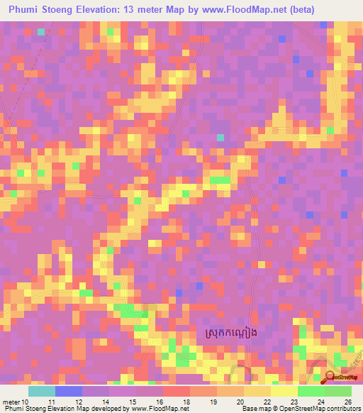 Phumi Stoeng,Cambodia Elevation Map