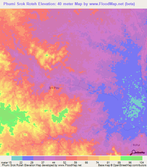 Phumi Srok Roteh,Cambodia Elevation Map