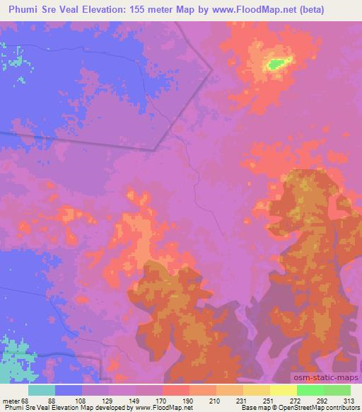 Phumi Sre Veal,Cambodia Elevation Map