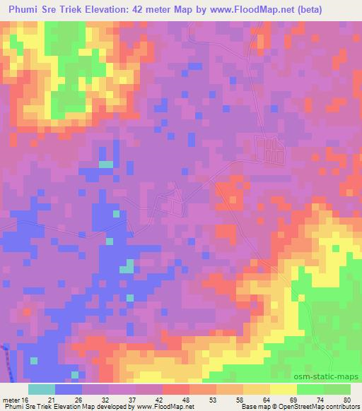 Phumi Sre Triek,Cambodia Elevation Map