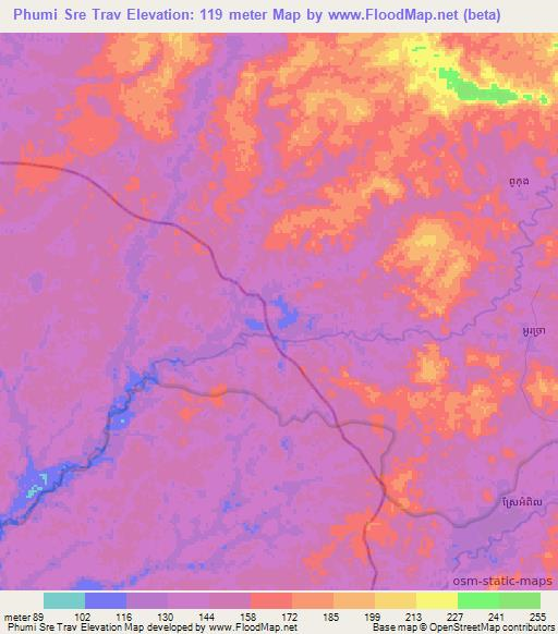 Phumi Sre Trav,Cambodia Elevation Map