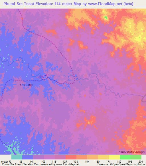 Phumi Sre Tnaot,Cambodia Elevation Map