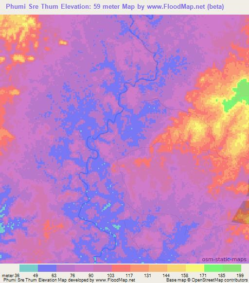 Phumi Sre Thum,Cambodia Elevation Map