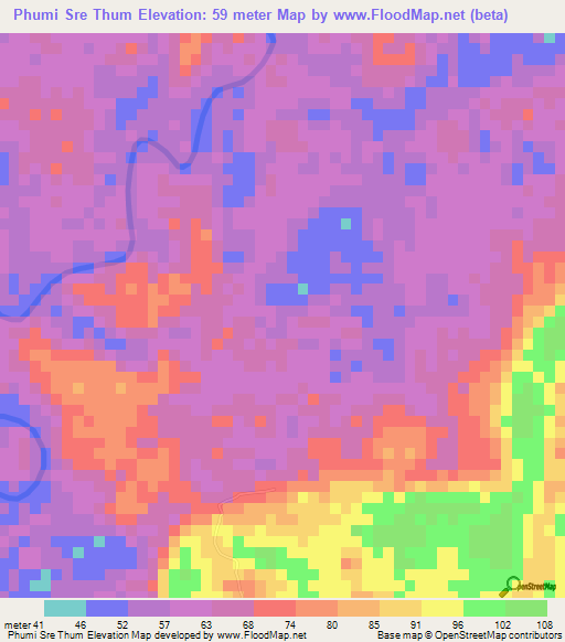 Phumi Sre Thum,Cambodia Elevation Map