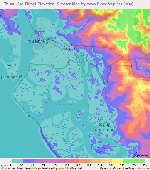 Phumi Sre Thmei,Cambodia Elevation Map