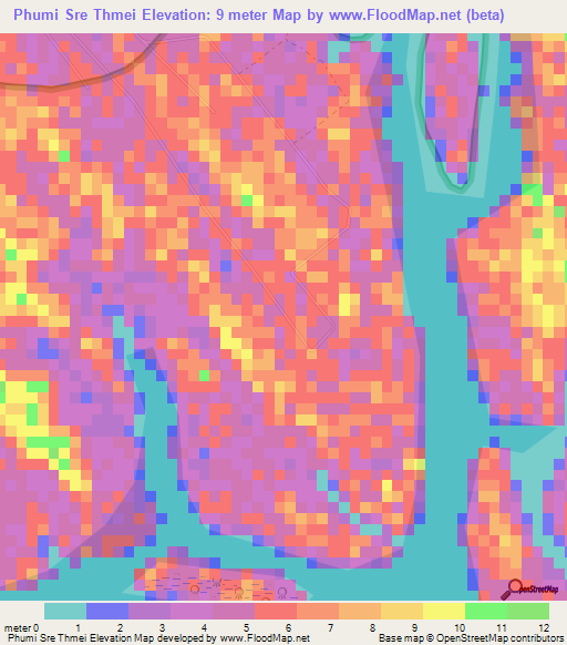 Phumi Sre Thmei,Cambodia Elevation Map
