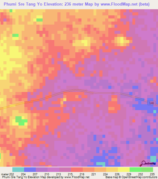Phumi Sre Tang Yo,Cambodia Elevation Map