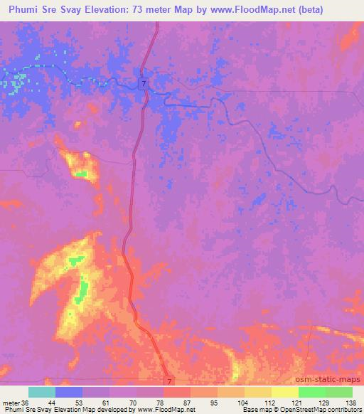 Phumi Sre Svay,Cambodia Elevation Map