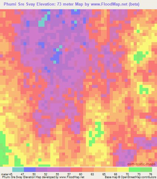 Phumi Sre Svay,Cambodia Elevation Map