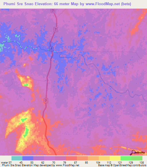Phumi Sre Snao,Cambodia Elevation Map