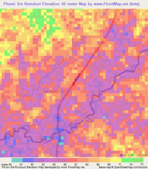 Phumi Sre Rumduol,Cambodia Elevation Map