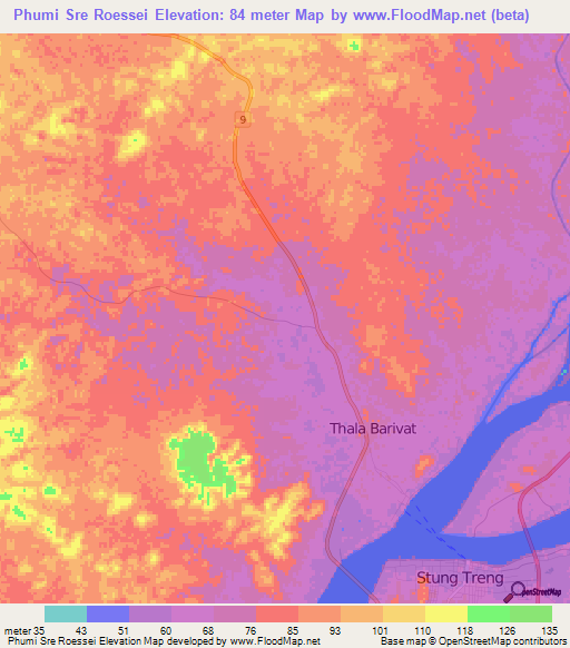 Phumi Sre Roessei,Cambodia Elevation Map