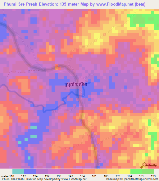 Phumi Sre Preah,Cambodia Elevation Map