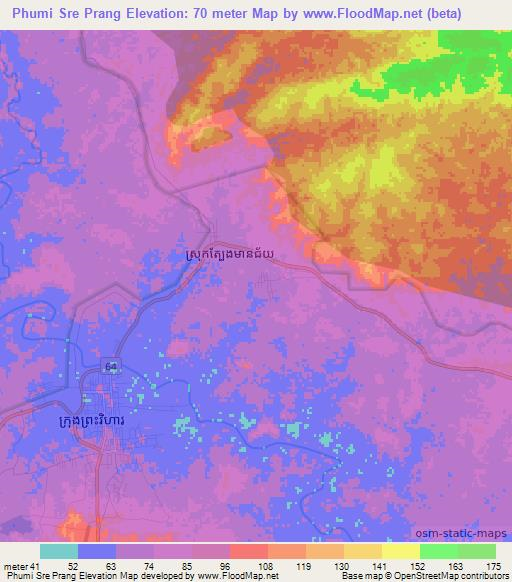 Phumi Sre Prang,Cambodia Elevation Map