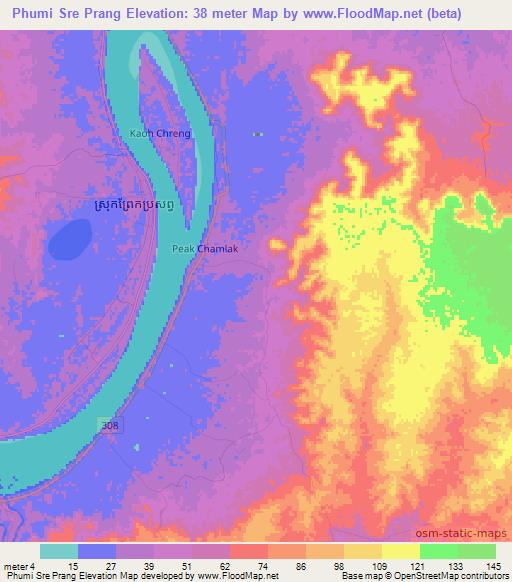 Phumi Sre Prang,Cambodia Elevation Map