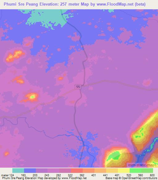 Phumi Sre Peang,Cambodia Elevation Map
