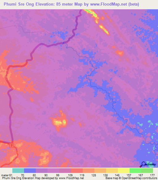 Phumi Sre Ong,Cambodia Elevation Map