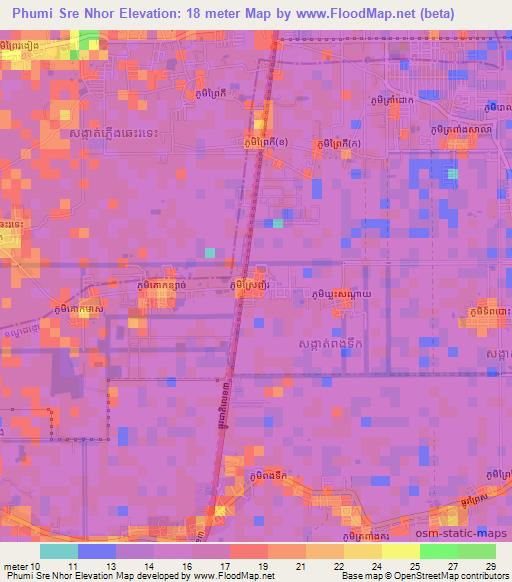 Phumi Sre Nhor,Cambodia Elevation Map