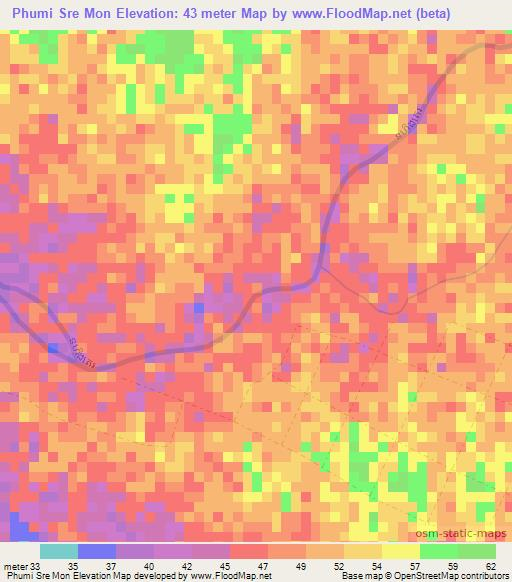 Phumi Sre Mon,Cambodia Elevation Map