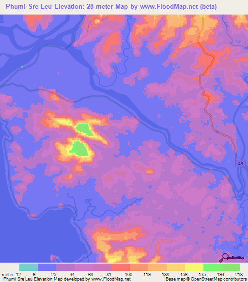 Phumi Sre Leu,Cambodia Elevation Map