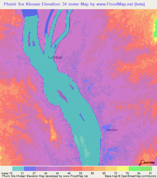 Phumi Sre Khoean,Cambodia Elevation Map