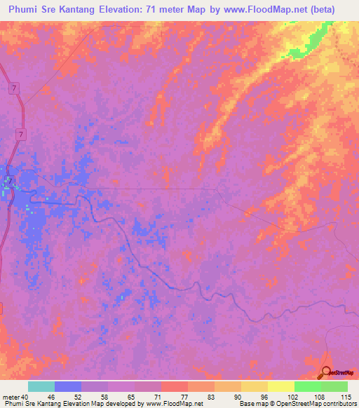 Phumi Sre Kantang,Cambodia Elevation Map