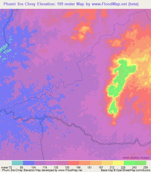 Phumi Sre Chrey,Cambodia Elevation Map
