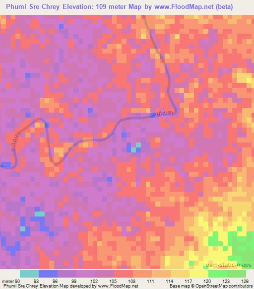 Phumi Sre Chrey,Cambodia Elevation Map