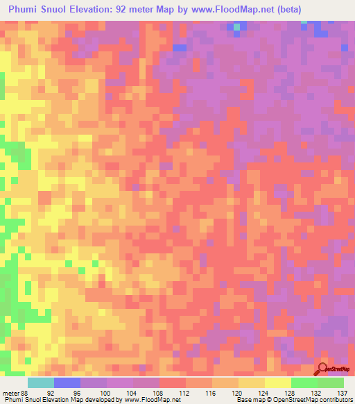 Phumi Snuol,Cambodia Elevation Map