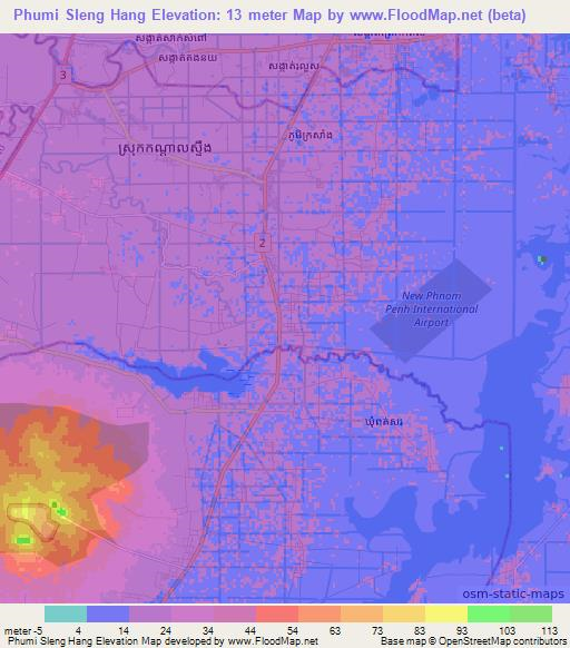 Phumi Sleng Hang,Cambodia Elevation Map