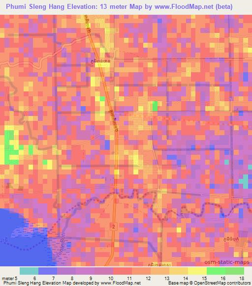 Phumi Sleng Hang,Cambodia Elevation Map
