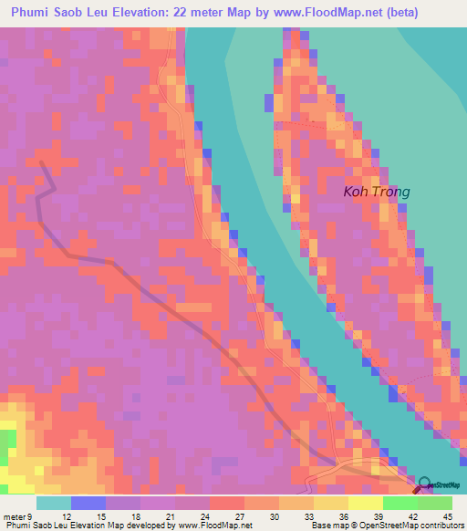Phumi Saob Leu,Cambodia Elevation Map