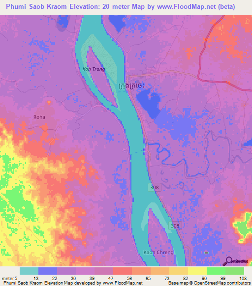 Phumi Saob Kraom,Cambodia Elevation Map