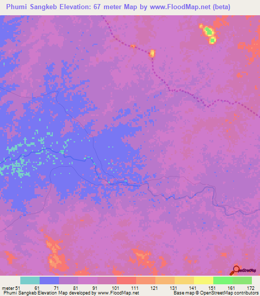 Phumi Sangkeb,Cambodia Elevation Map
