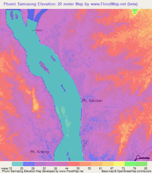 Phumi Samraong,Cambodia Elevation Map