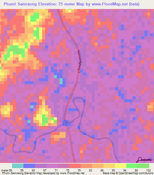 Phumi Samraong,Cambodia Elevation Map