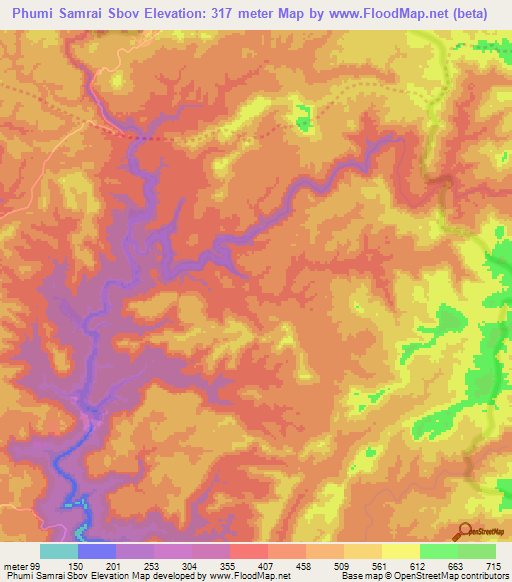 Phumi Samrai Sbov,Cambodia Elevation Map