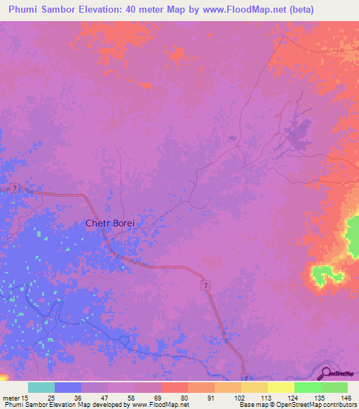 Phumi Sambor,Cambodia Elevation Map