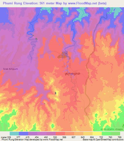 Phumi Rung,Cambodia Elevation Map